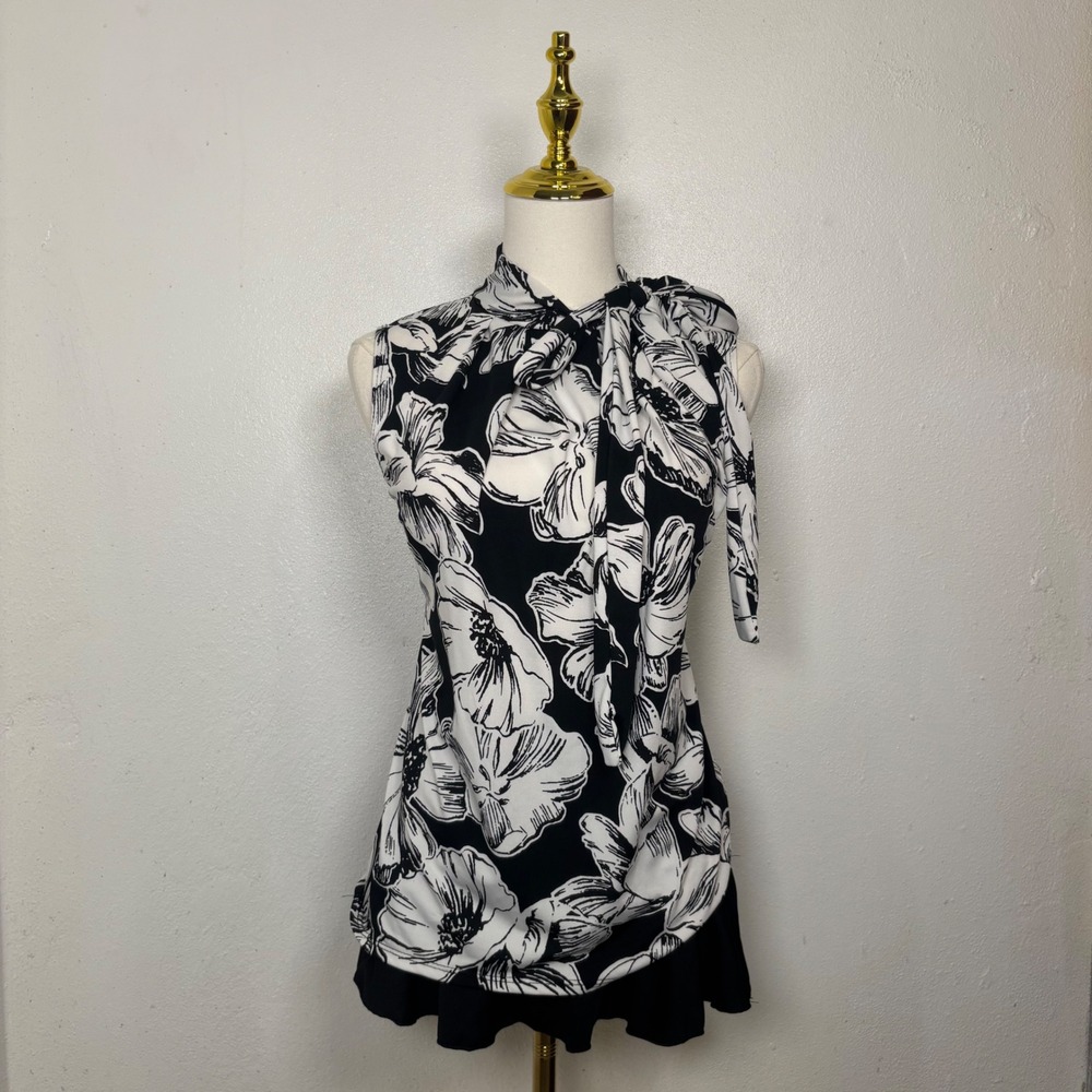 tiffany & grey black white floral blouse turtleneck coquette chic office siren